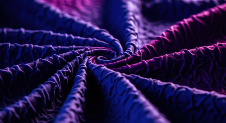 A close-up, abstract view of a fabric with a distinct spiral pattern, illuminated by vibrant purple and blue lights.の素材