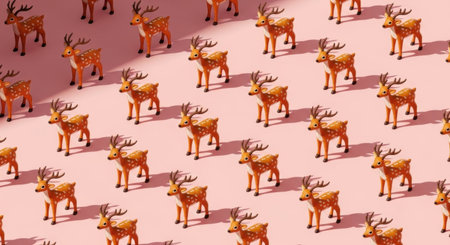 A repeating pattern of toy reindeer on a pink background, creating a visually interesting and playful composition.の素材