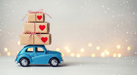 A charming blue toy car is depicted carrying a stack of three gift boxes, each adorned with a red heart, against a softly lit, festive background with bokeh lights and subtle snow effects, symbolizing love and giving.の素材