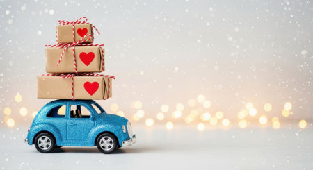 A charming blue toy car is loaded with three stacked gift boxes, each adorned with a bright red heart, set against a soft, bokeh-lit background.の素材