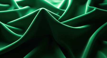 Close-up view of flowing green velvet fabric creating abstract wave-like patterns with dramatic highlights and shadows.の素材