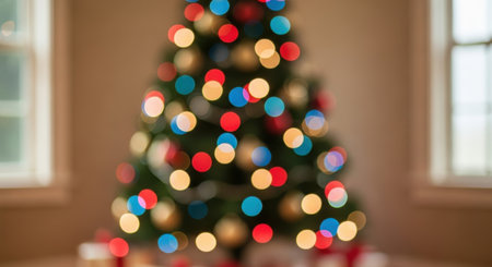 An intentionally out of focus Christmas tree creating a beautiful abstract background with colorful bokeh lights. A warm and festive holiday scene inside a home.の素材
