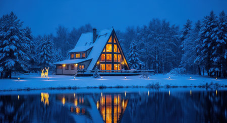 A cozy A-frame cabin is illuminated against a backdrop of snow-covered trees, reflected in the still waters of a lake under a dark blue sky.の素材