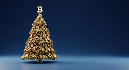 A golden Christmas tree adorned with Bitcoin symbols, set against a deep blue backdrop, symbolizing the intersection of holiday cheer and digital currency.の素材