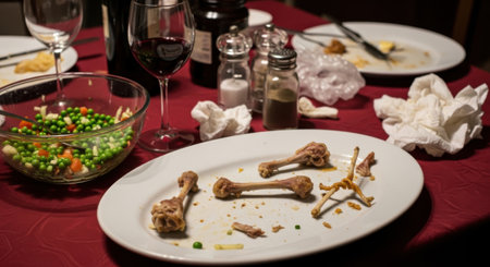 A close-up shot of a dining table after a meal, featuring empty plates with chicken bones, crumpled napkins, half-empty wine glasses, and a bowl of leftover salad, all set on a rich red tablecloth, indicating the conclusion of a dinner party.の素材