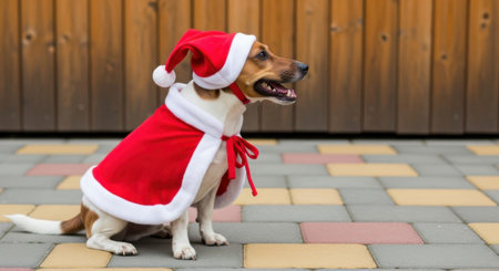 A cute Jack Russell Terrier dog is captured in a full-body shot, wearing a charming red and white Santa Claus outfit, complete with a hat and cape. The dog sits attentively on a colorful paved patio, with a rustic wooden fence providing a warm backdrop. Its mouth is slightly open, giving the impression of a happy or panting expression, and its eyes are looking to the side. The image evokes a festive and joyful holiday spirit, perfect for Christmas themes.の素材