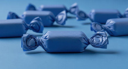 A close-up shot of several blue wrapped candies arranged in a circle on a solid blue surface.の素材