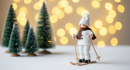A delightful winter scene featuring a small figurine dressed in winter attire, skiing on a snowy surface. Miniature evergreen trees stand in the background, illuminated by soft, out-of-focus golden bokeh lights, creating a warm and festive atmosphere.の素材