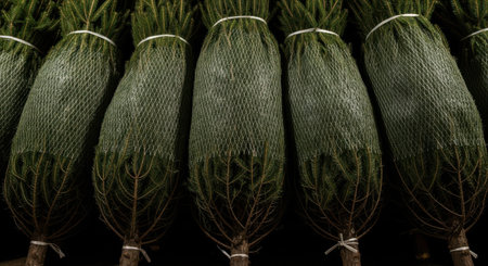 A row of bundled Christmas trees, wrapped in netting, ready for sale during the holiday season. Fresh evergreen trees are prepared for transport.の素材