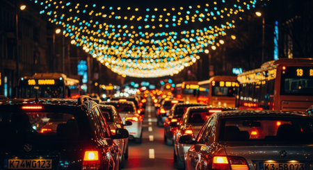 A vibrant nighttime scene of a congested city street adorned with colorful festive lights, showcasing a heavy flow of traffic.の素材