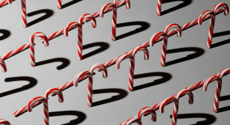 A repeating pattern of red and white candy canes casting distinct shadows on a gray background.の素材