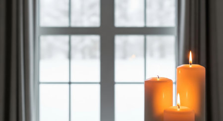 Three lit candles cast a warm glow against a window with a snowy outdoor view, creating a cozy and serene winter scene.の素材