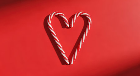 Two candy canes arranged in a heart shape against a vibrant red backdrop, symbolizing love and holiday cheer. Perfect for seasonal greetings and festive designs.の素材