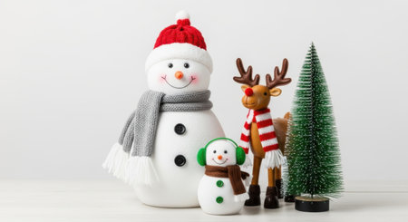 A festive arrangement of Christmas decorations featuring a large snowman with a red hat and gray scarf, a smaller snowman with a green hat, a reindeer wearing a striped scarf, and a miniature green pine tree, all set against a clean white background.の素材