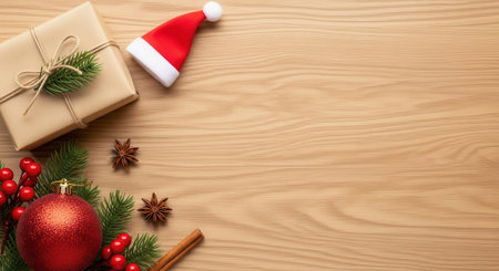 A festive Christmas gift box, a Santa hat, and various holiday decorations like red berries, a bauble, and star anise arranged on a light wooden surface, offering ample copy space.の素材