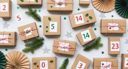 A festive overhead view of a handmade Christmas advent calendar with numbered boxes, decorated with twine and sprigs of fir.の素材