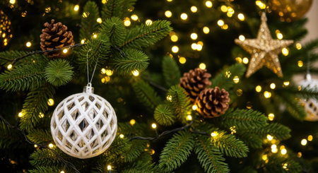A close-up of a Christmas tree decorated with a white ornament, pine cones, and a star, illuminated by warm, twinkling lights, evoking holiday cheer.の素材