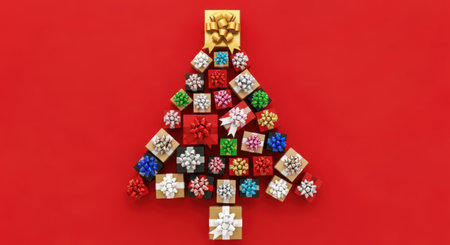 A festive Christmas tree shape formed by an assortment of colorful gift boxes arranged on a vibrant red background.の素材