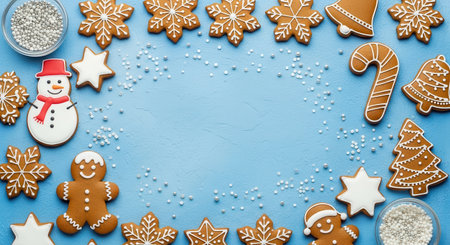 A delightful assortment of Christmas-themed gingerbread cookies, including a snowman, gingerbread man, candy cane, and stars, arranged on a vibrant blue background with scattered sprinkles and ample copy space in the center.の素材