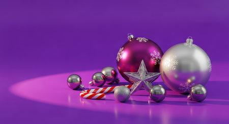 Festive Christmas decorations including ornaments, a star, and a candy cane, arranged on a purple surface.の素材