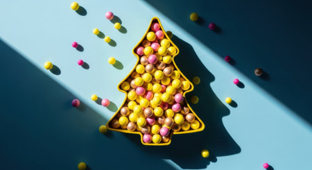 A festive Christmas tree shaped bowl overflowing with small, colorful candies. Scattered candies surround the bowl on a bright blue surface, with dramatic shadows adding depth.の素材