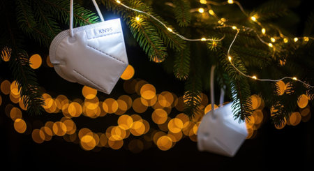 A close-up shot of a Christmas tree decorated with face masks and warm, glowing lights, symbolizing the intersection of holiday cheer and health precautions.の素材