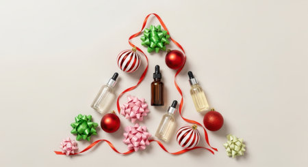 A festive Christmas tree arrangement created with various beauty product bottles, red ribbons, and colorful holiday ornaments on a clean white surface, perfect for seasonal beauty themes.の素材