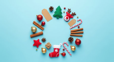 A circular arrangement of Christmas ornaments, cinnamon sticks, candy canes, pinecones, and gift tags on a blue background.の素材