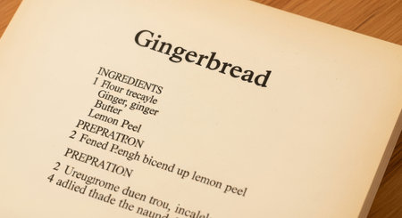Close up selective focus on a printed gingerbread recipe. The title, ingredients, and preparation steps are visible on the cream colored paper.の素材
