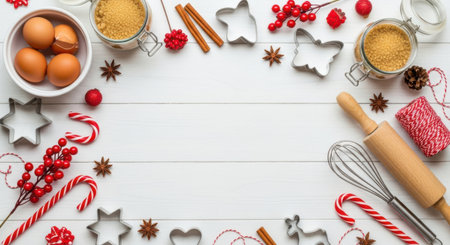 A top-down view of various Christmas baking ingredients and cookie cutters arranged on a white wooden table, creating a festive border around a central copy space. Includes eggs, flour, spices, candy canes, and berries.の素材