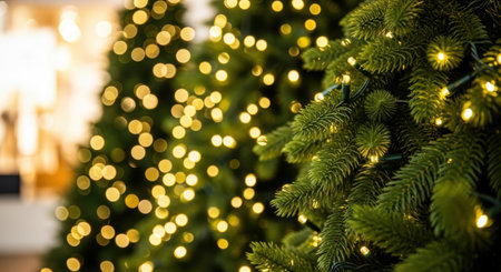 Close-up of Christmas trees adorned with warm, twinkling lights, creating a festive holiday atmosphere.の素材