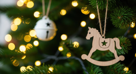 Close-up of a Christmas tree with a wooden rocking horse and a white bell ornament, surrounded by warm, glowing lights.の素材