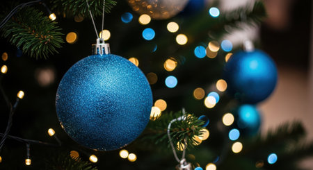 Close-up of a Christmas tree adorned with blue ornaments and twinkling lights, creating a festive and joyful holiday atmosphere.の素材