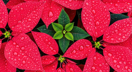 A stunning macro view of bright red poinsettia petals covered in glistening water droplets, highlighting their velvety texture and intricate details.の素材