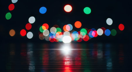 An abstract background of vibrant, out-of-focus circular lights in red, green, blue, and orange against a black backdrop. A central bright light reflects on a glossy surface.の素材