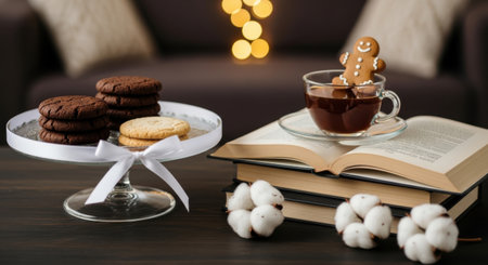 A festive scene featuring a gingerbread man cookie in a cup of hot chocolate next to a stack of books and a plate of assorted cookies in a warm and cozy holiday setting.の素材