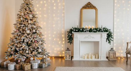 A beautifully decorated living room for Christmas, featuring a festive tree adorned with ornaments and lights, alongside a classic fireplace mantelpiece with garland and candles, creating a warm and inviting holiday atmosphere.の素材
