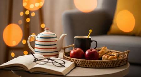 A warm and inviting scene featuring a striped teapot, a dark mug, red apples, and pastries on a wicker tray, next to an open book and reading glasses, all set on a table with blurred bokeh lights in the background, creating a cozy autumn atmosphere.の素材