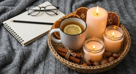 A warm and inviting autumn still life featuring candles, a cup of tea with lemon, a notebook, and glasses, all arranged on a woven tray.の素材