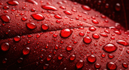 A macro photograph showcasing a red leaves intricate texture, adorned with numerous clear water droplets, creating a captivating visual effect.の素材
