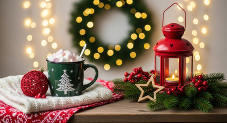 A festive Christmas still life featuring a mug of hot cocoa with marshmallows, a red lantern, and a wreath with lights.の素材