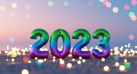 Festive image featuring vibrant 2023 balloons with a bokeh background, perfect for New Year celebrations and holiday themes.の素材