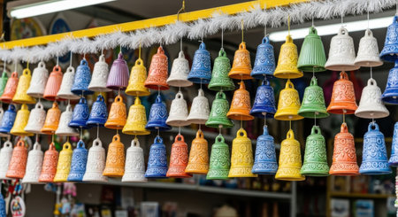 A vibrant display of numerous ceramic bells in various colors, including red, orange, yellow, green, blue, and white, hanging in neat rows at a market or souvenir shop. Each bell is individually crafted, showcasing a traditional and decorative appeal.の素材