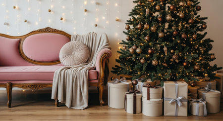 A festive living room scene featuring a vintage pink sofa, a beautifully decorated Christmas tree, and wrapped gifts.の素材