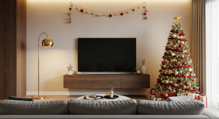 A beautifully decorated living room with a Christmas tree, TV, and festive decorations, creating a warm and inviting holiday atmosphere.の素材