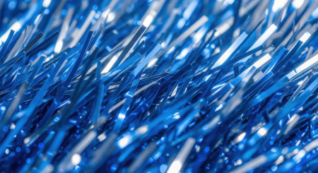 Detailed macro shot of vibrant blue tinsel, perfect for Christmas or New Year celebrations. Sparkling and reflective.の素材