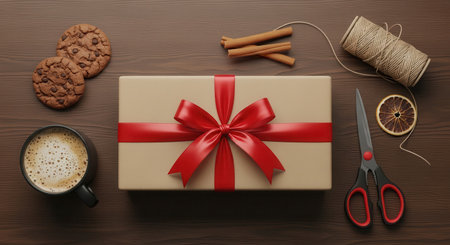 A flat lay of a Christmas gift box tied with a red ribbon, surrounded by coffee, cookies, cinnamon sticks, and scissors on a wooden background.の素材