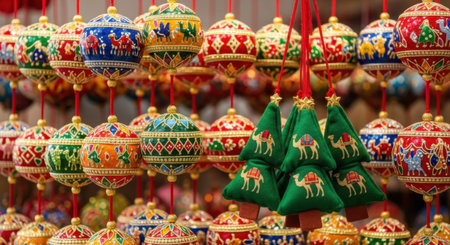 A vibrant collection of intricately decorated, handmade Christmas ornaments, featuring traditional patterns and festive colors, hanging at a market stall.の素材