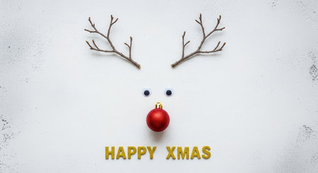 A minimalist and creative Christmas reindeer face constructed from natural twigs for antlers, googly eyes, and a red bauble for the nose, with HAPPY XMAS text.の素材