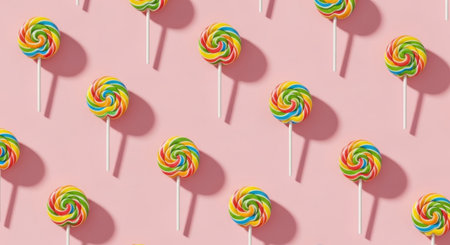 A top-down flat lay view of multiple colorful rainbow swirl lollipops arranged in a repeating pattern on a solid pink background with strong direct shadows.の素材